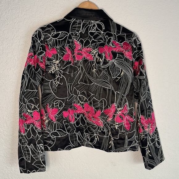 Chico’s Black Pink Satin Embroidered Jacket Blazer Silk Colorful Artsy 80s Party - Picture 4 of 5